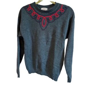 Vtg Miss Pendleton Wool Sweater‎ Medium Gray Red Blue Crew Neck Embroidered Knit